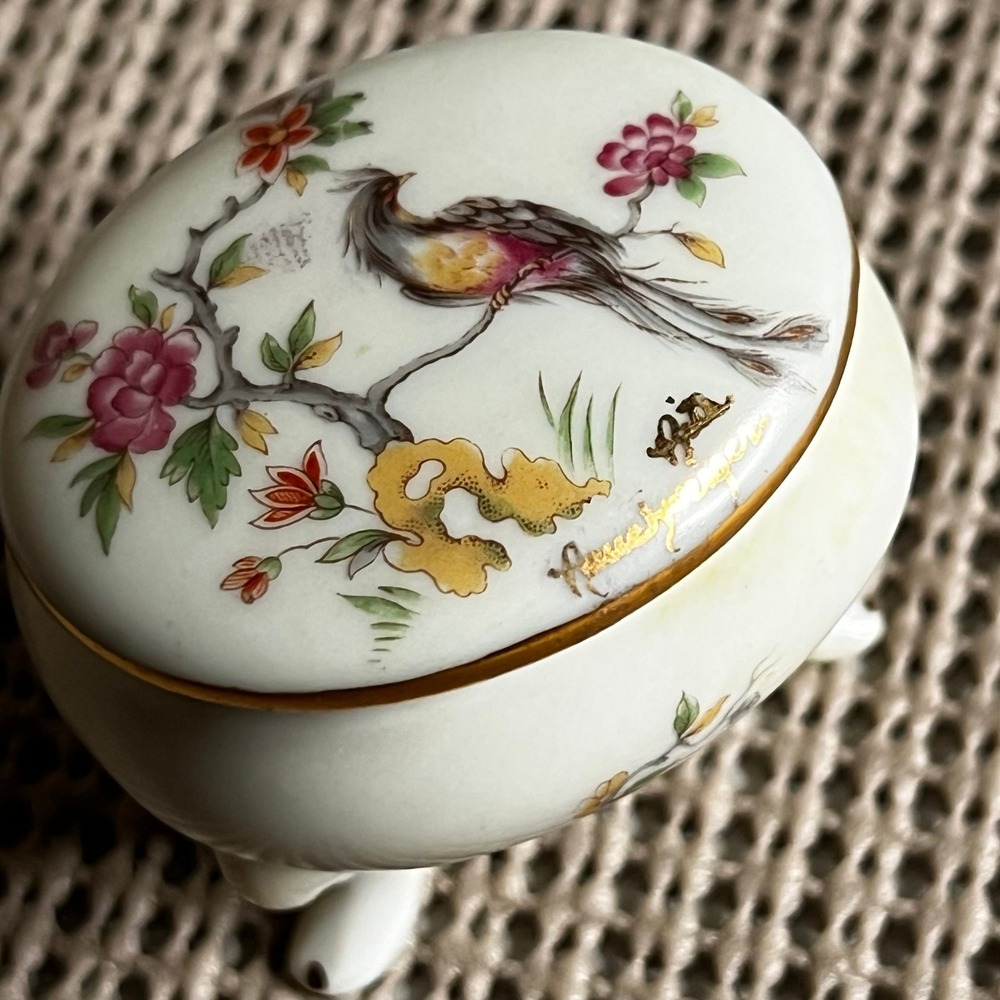 Vintage Porcelain Footed Trinket Box Bird Floral Gold Trim Chinoiserie Mini Jar
